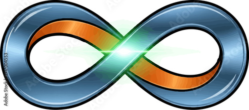3D rendered infinity symbol with metallic blue and orange curves and a bright green light