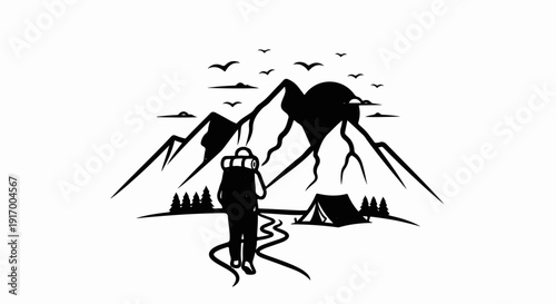 A backpacker approaches a tent near mountains under a sky with birds