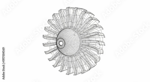 3D wireframe rendering of a turbine engine fan with multiple blades