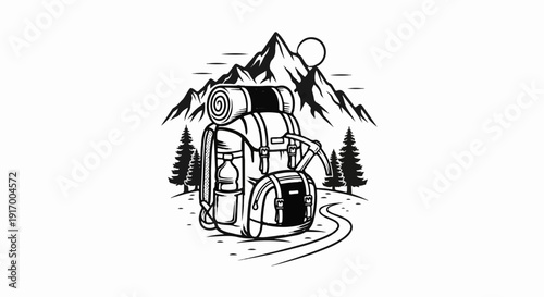 A backpack sits on a trail with mountains and trees in the background