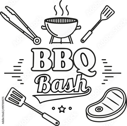 A barbecue grill, tongs, spatulas, and steak with text "BBQ Bash