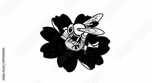 A bee diligently collects nectar from the center of a dark flower