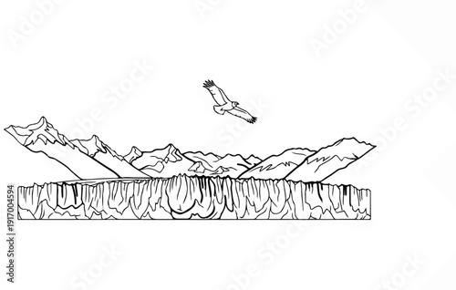 A bird soars over a dramatic glacial landscape with jagged peaks