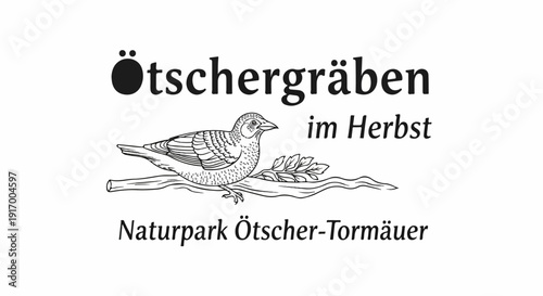 A bird perches on a branch above water with text about autumn and a nature park