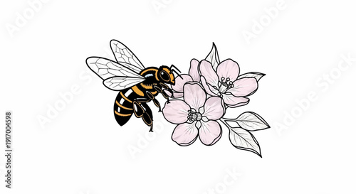A bee visits delicate pink flowers with black outlines and grey leaves