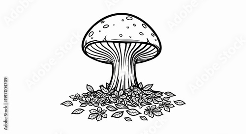 A black and white drawing of a spotted mushroom with detailed gills and surrounding leaves