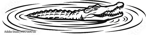 A black and white drawing of an alligator emerging from rippling water
