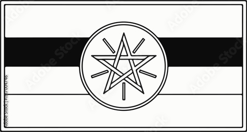 A black and white flag with a circular emblem featuring a seven-pointed star
