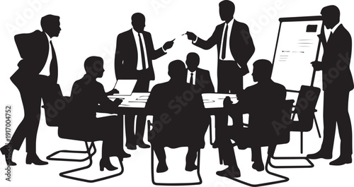 Silhouettes of people in a business meeting with a flip chart