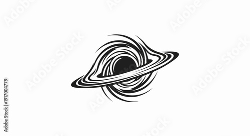 A black and white graphic of a swirling black hole with an accretion disk