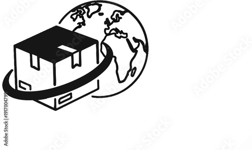 A black and white graphic shows a package orbiting a simplified globe