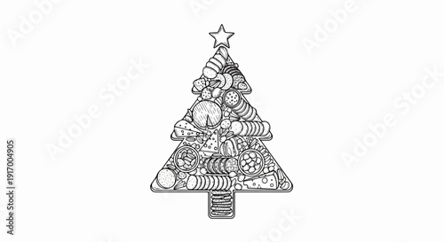 A black and white line drawing of a Christmas tree made from various foods