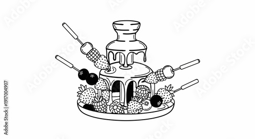 A black and white line drawing of a chocolate fountain with assorted berries