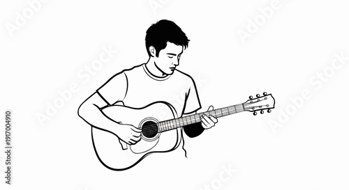 A black and white line drawing depicts a young person playing an acoustic guitar