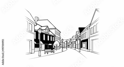 A black and white line drawing of a charming, winding street lined with buildings