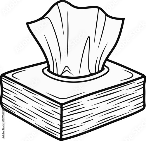 A black and white line drawing of a box of tissues