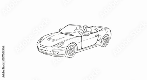 A black and white line drawing of a convertible sports car