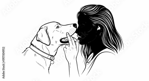 A black and white line drawing of a dog and a person interacting