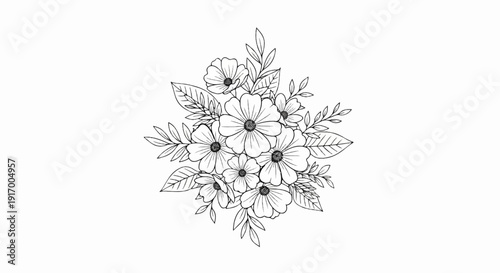 A black and white line drawing of a delicate bouquet of flowers and leaves