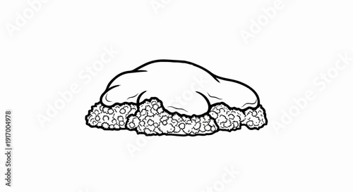 A black and white line drawing of a fluffy, rounded object sitting atop a textured, bumpy base