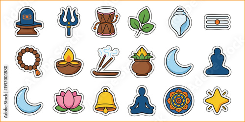 Large Hindu festival sticker pack with white borders featuring Shiva artifacts and meditation symbols.