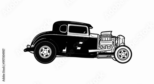 A black and white illustration of a classic hot rod car