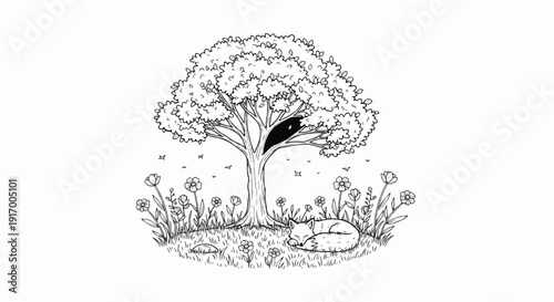 A black and white illustration of a fox sleeping peacefully under a large, leafy tree