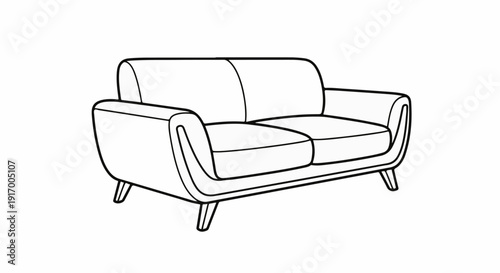 A black and white line drawing of a two-seater sofa with tapered legs