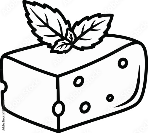 A black and white line drawing of a wedge of cheese with holes and mint leaves