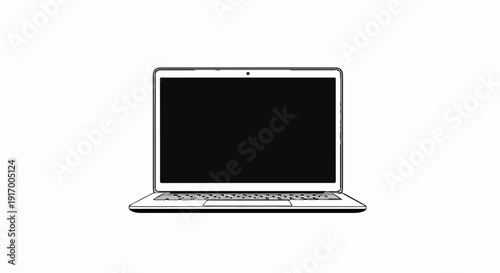 A black and white line drawing of an open laptop with a black screen