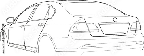 A black and white line drawing of the rear three-quarter view of a sedan