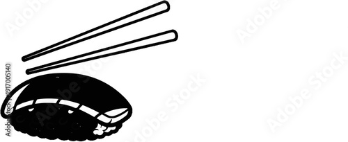 A black and white minimalist depiction of a sushi roll with chopsticks