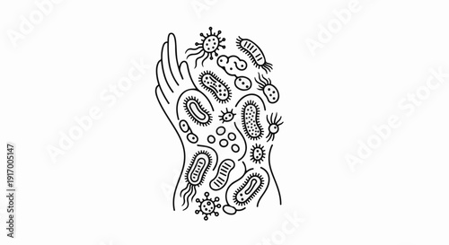 A black and white line drawing of various microbes and bacteria on a hand