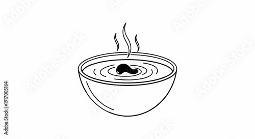 A black and white outline drawing of a steaming bowl of soup with a dark blob in the center