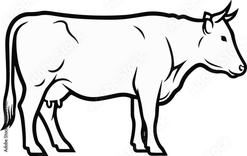 A black and white outline illustration of a cow standing profile