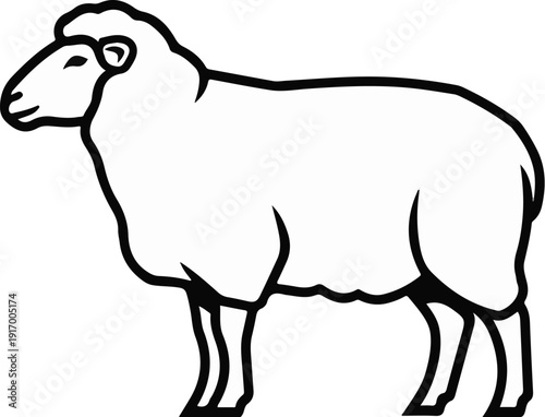A black and white outline drawing of a sheep standing on a white background