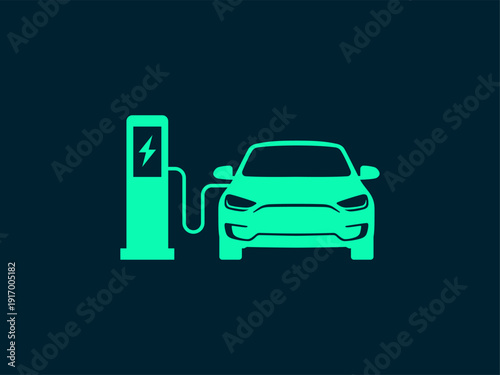 An electric car is plugged into a charging station. Editable Vector Illustration.