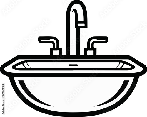 A black and white outline illustration of a modern sink with a high faucet and two handles