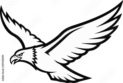 A black and white outline illustration of a raptor bird in flight