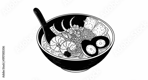 A black and white sketch of a full bowl of noodles with shrimp, eggs, and greens