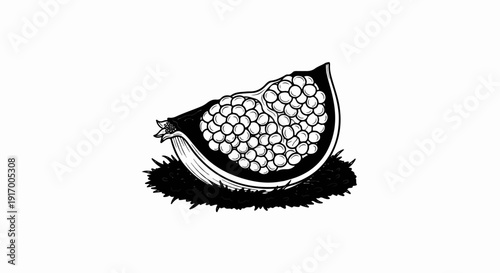 A black and white illustration of a pomegranate segment, showing many seeds
