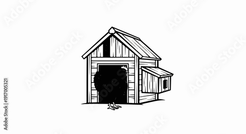 A black hen emerges from a rustic wooden coop