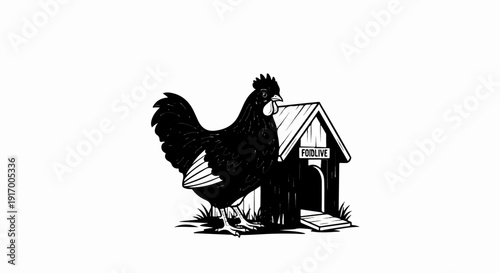 A black hen stands beside a rustic coop with a weathered sign