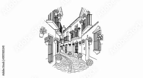 A charming black and white sketch of a flower-lined cobblestone alley