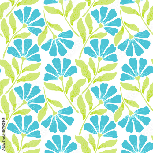 Stylized poppy flowers with elegant stems and wavy leaves vector seamless floral pattern.