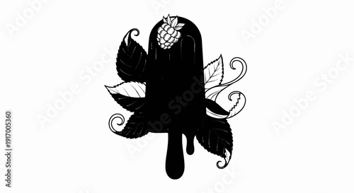 A black ice cream bar with a raspberry and decorative leaves