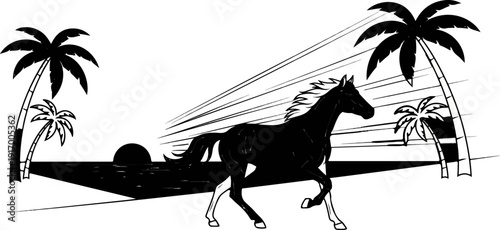 A black horse gallops across a sandy beach with palm trees and a sunset