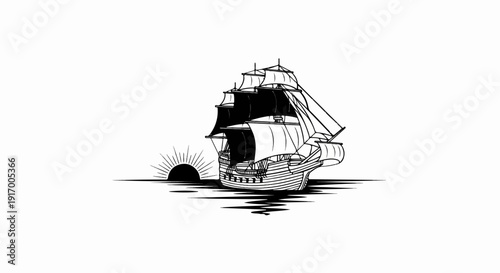 A black and white illustration of a sailing ship on water at sunrise