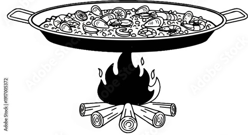A black and white illustration of a seafood dish cooked outdoors over a fire
