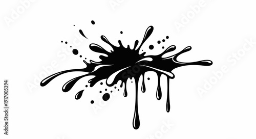 A black ink splash with dripping droplets and smaller dots